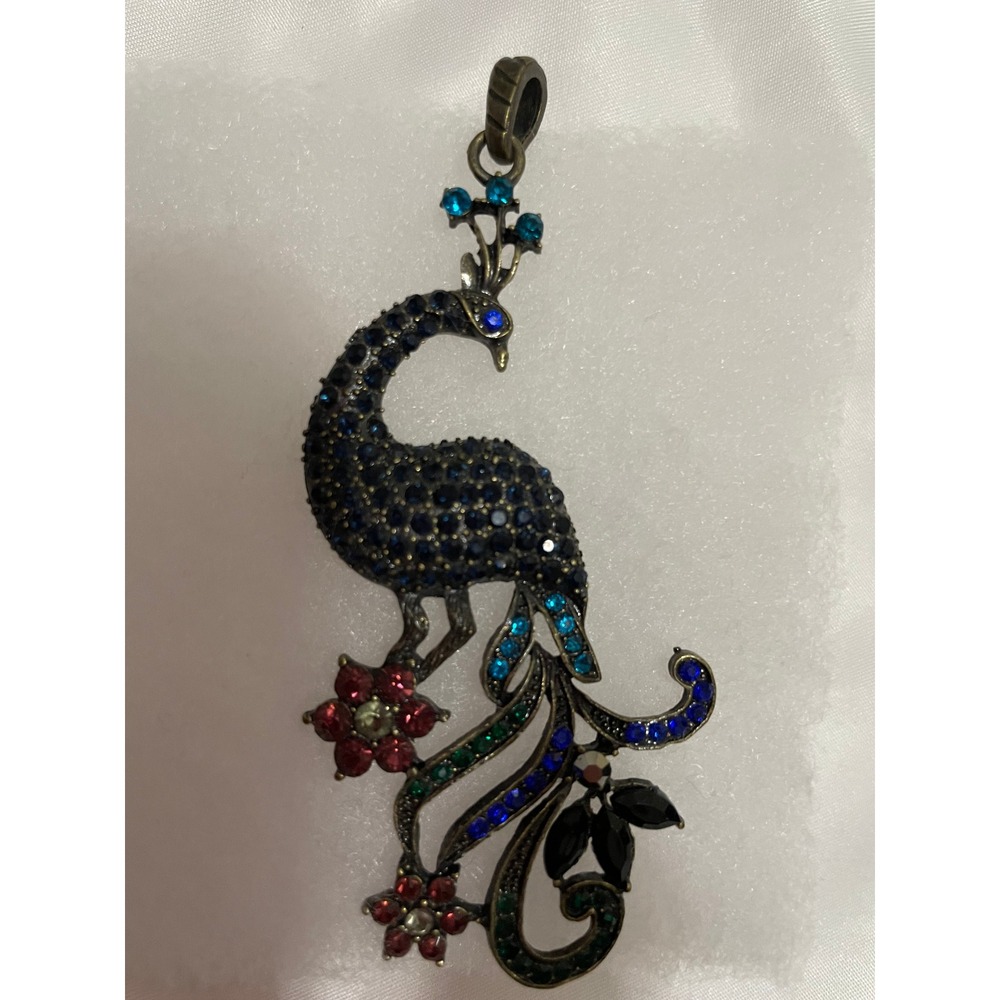 Bronze Peacock Pendant Blue Red Green Rhinestone Statement Bird Charm#755 - Picture 4 of 5